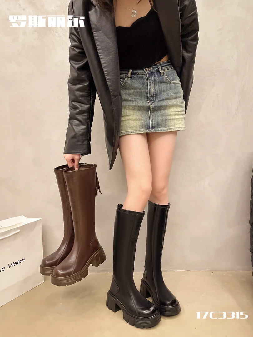 c3315厚底增高加绒冬季新款平口全皮气质女长靴