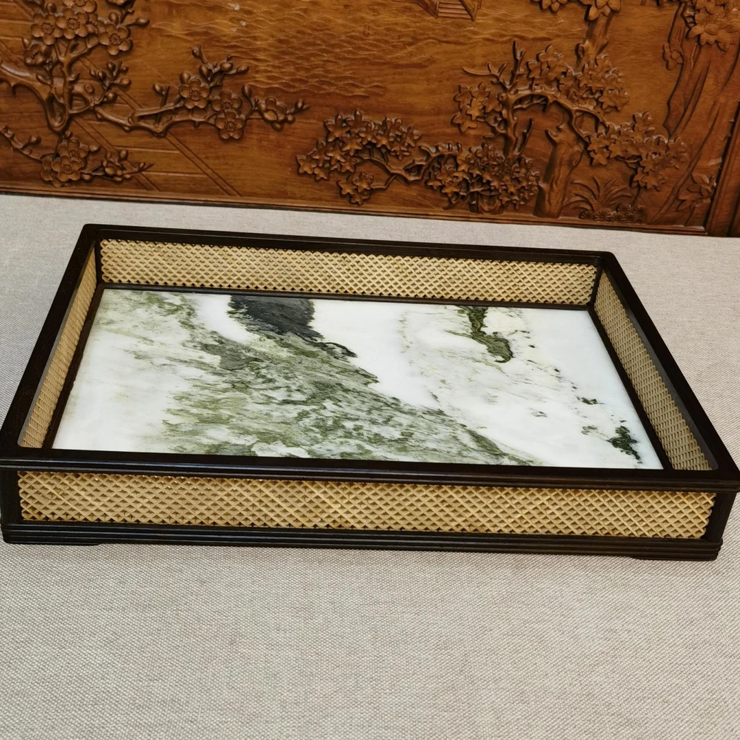 小叶紫檀  檀香紫檀镶嵌云石黄杨木文盘   尺寸38.2×27.5×6
