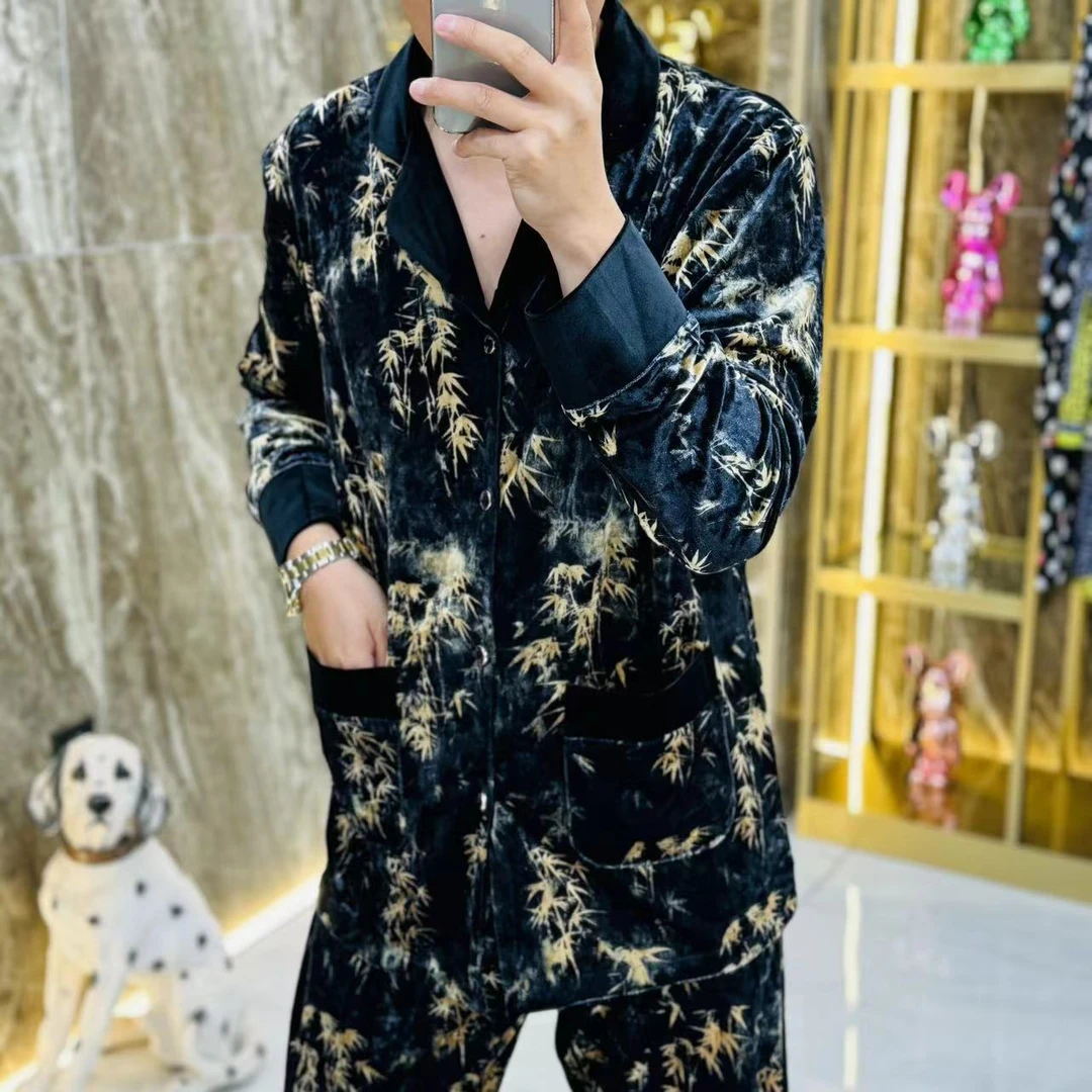 【1725】秋冬拼接金丝绒家居服睡衣套装男士时尚休闲弹力保暖