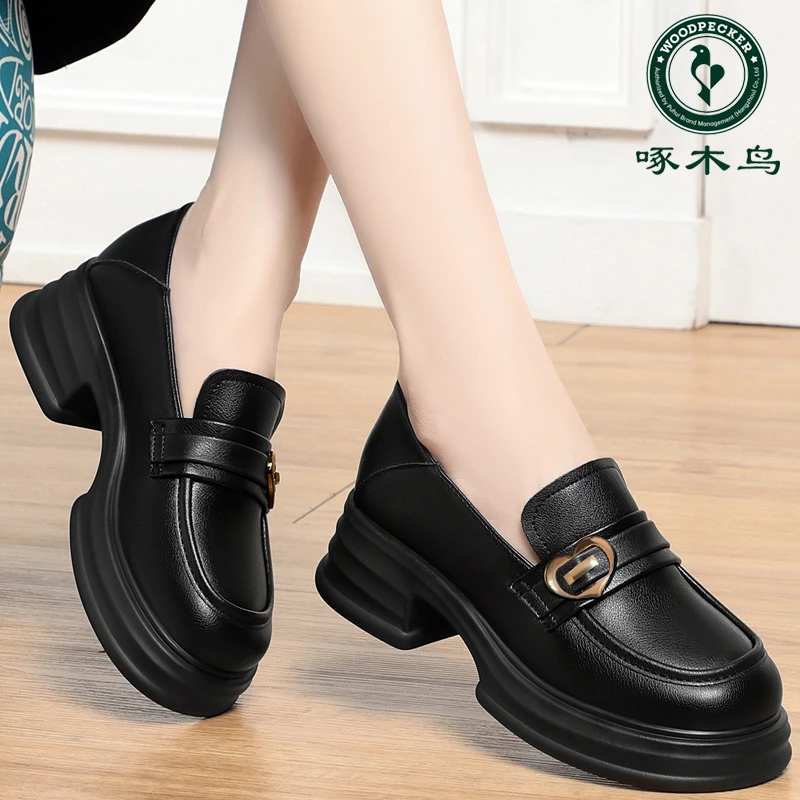 啄木鸟厚底乐福鞋2025春秋新款女鞋增高英伦风小皮鞋一脚蹬单鞋