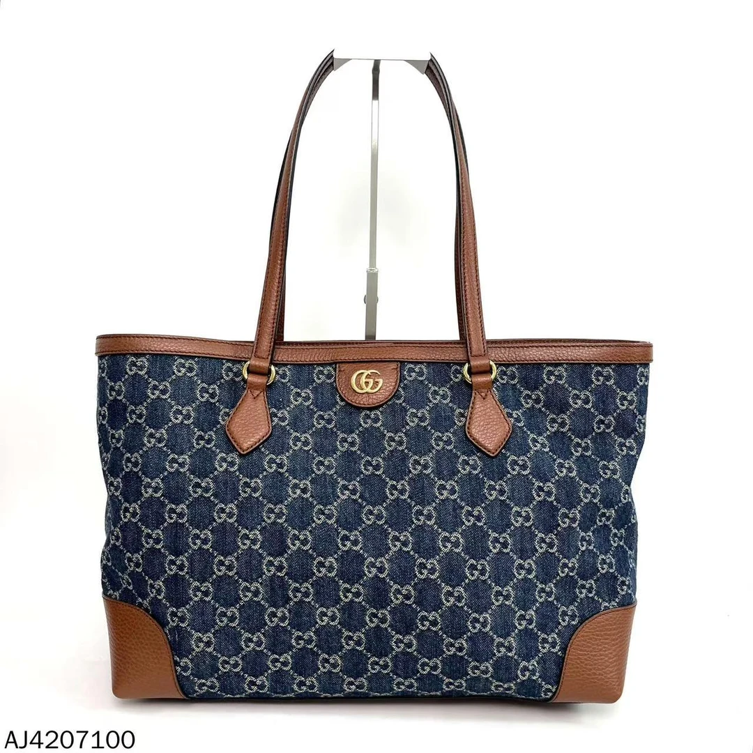 99新 GUCCI/古驰 老花牛仔拼皮丹宁托特中号/购物袋/AJ4207100