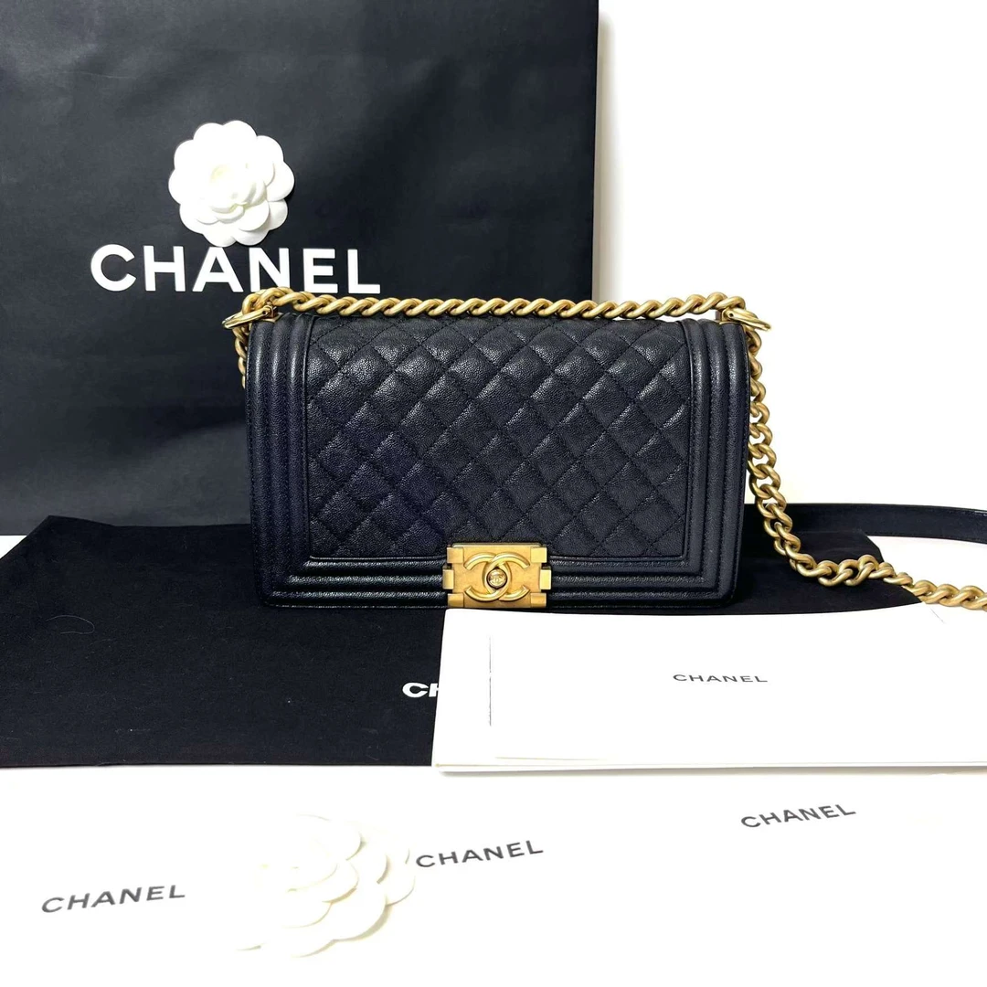 99新 Chanel/香奈儿 黑金荔枝皮中号leboy中号/AE8932313小香风