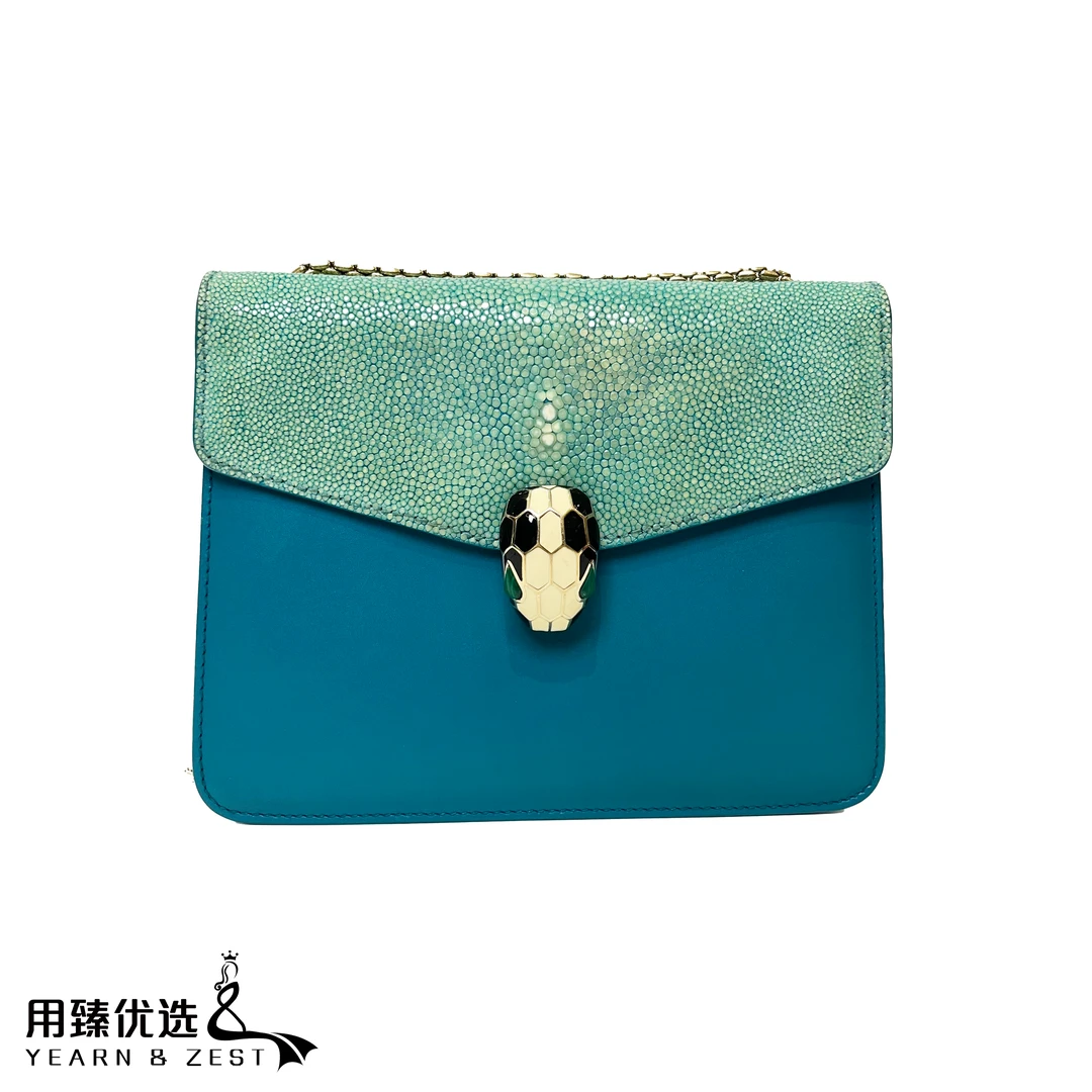 95新 BVLGARI/宝格丽 时尚拼皮宝格丽蓝色蛇头链条包/AC4702758