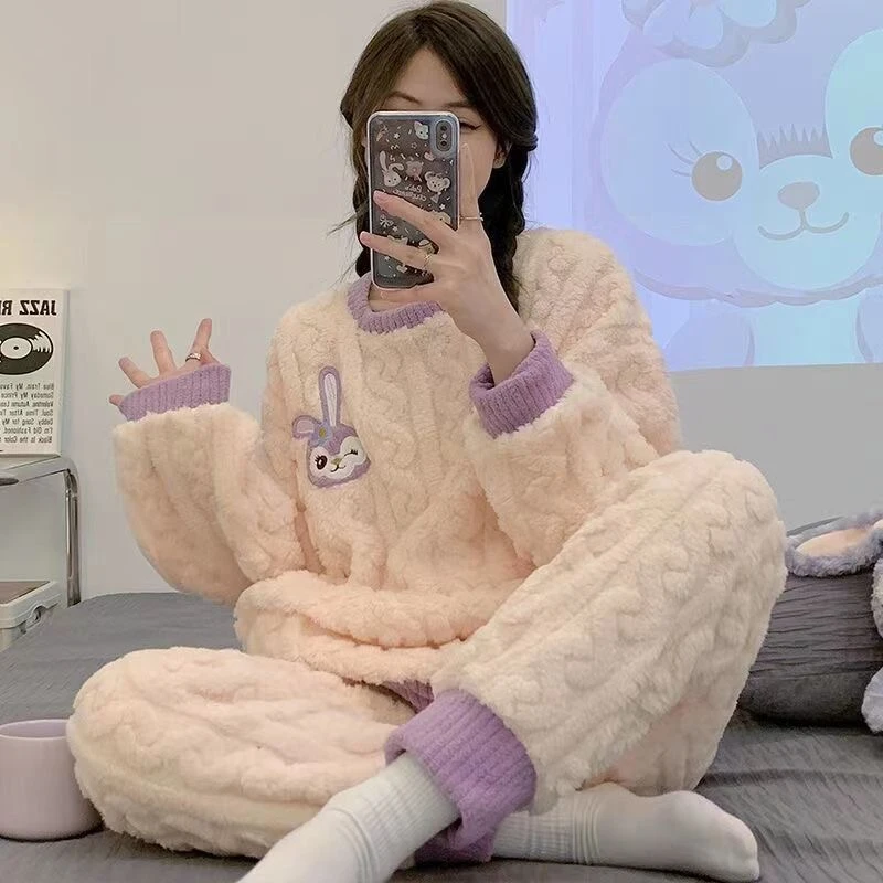 2023新款秋冬季睡衣女珊瑚绒加绒加厚简约休闲套装家居服法兰绒