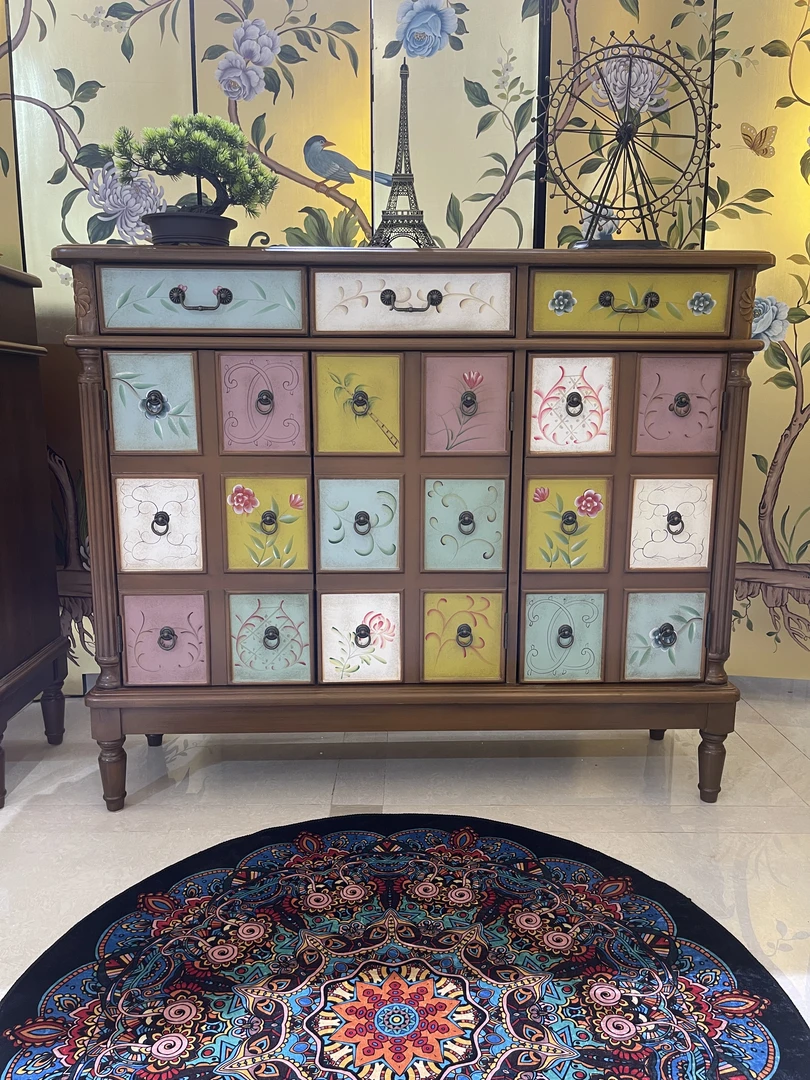 美式鞋柜实木家用门口进门柜客厅储物玄关隔断柜子靠墙彩绘装饰柜