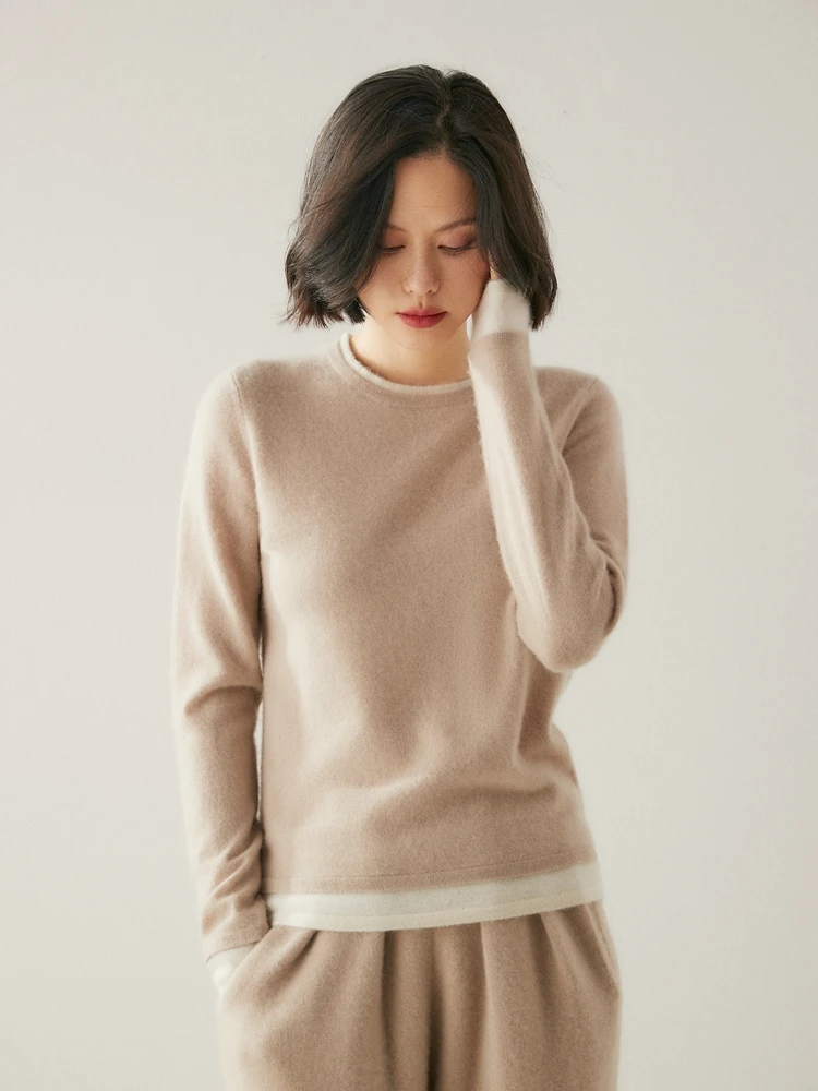 CHAO级软糯——羊绒撞色假两件秋季新款内搭外穿舒适亲肤显瘦时尚