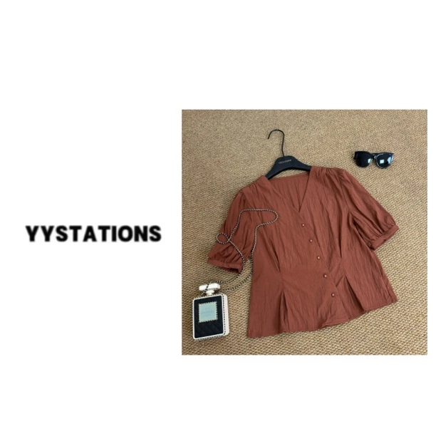 YYSTATIONS 【法式甜心】法式显瘦V领新款洋气减龄百搭上衣-8020