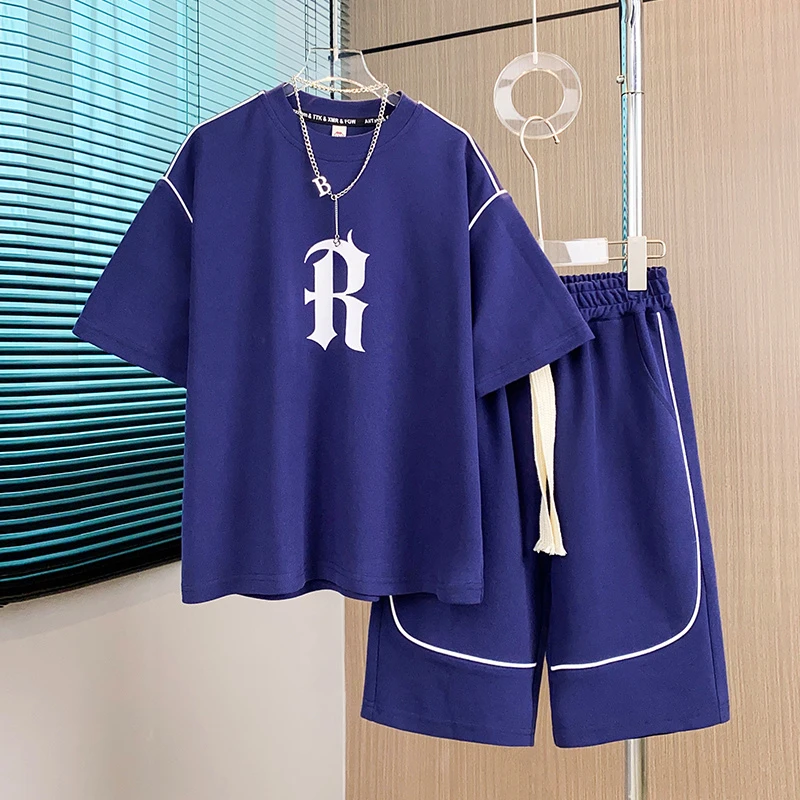 男童夏季中大童潮字母帅气宽松休闲运动短袖两件套装DF-套装0775