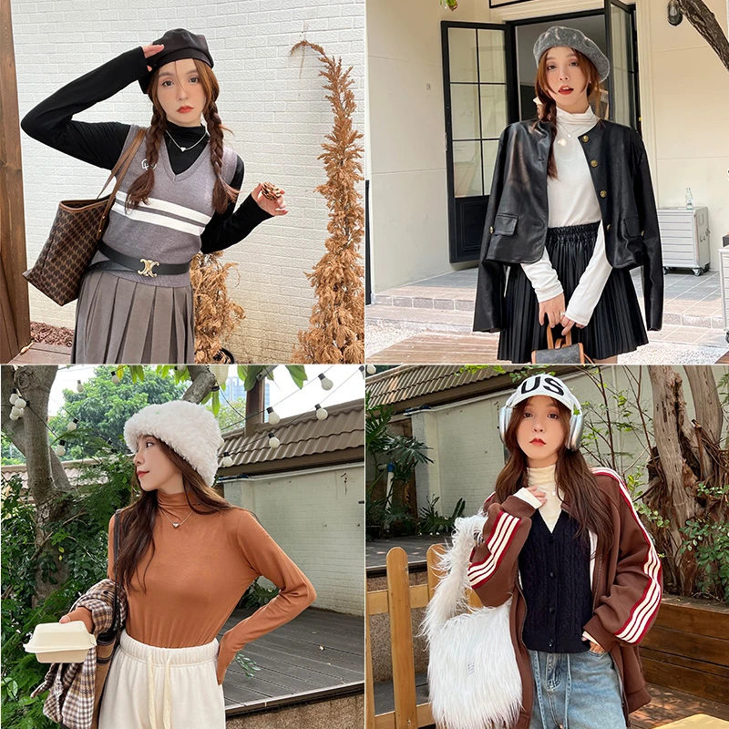 【涵胖胖】【青】多色半高领打底衫新版百搭上衣女 0239