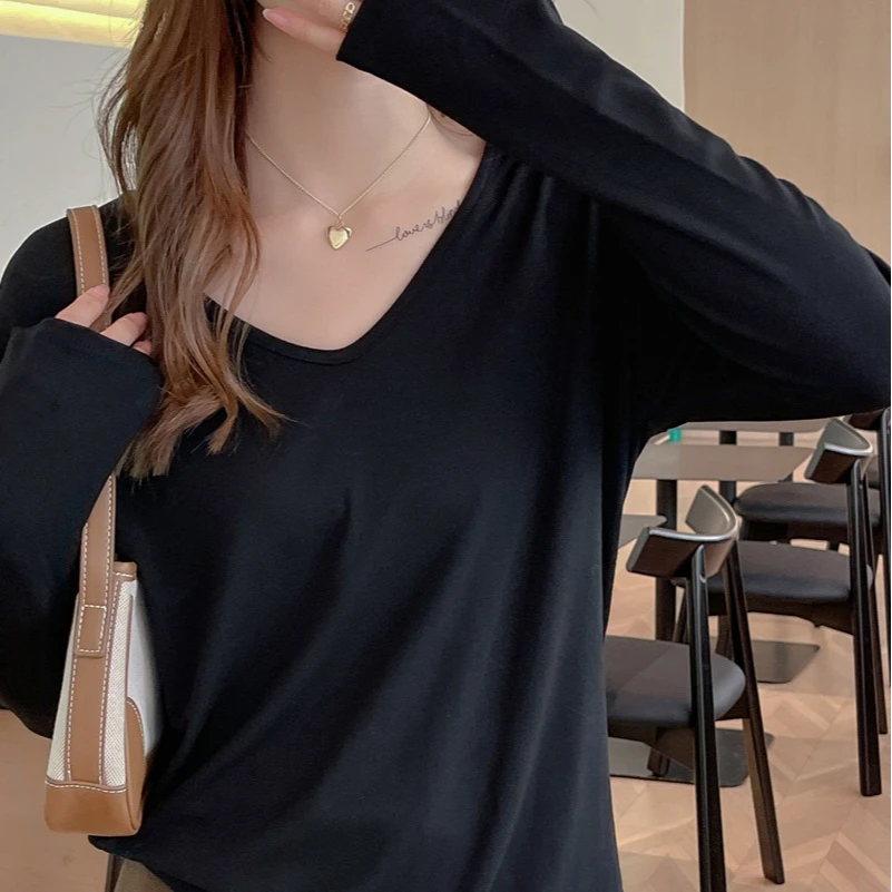 【只给粉丝不给路人】新款v领宽松长袖正肩t恤女内搭外穿上衣