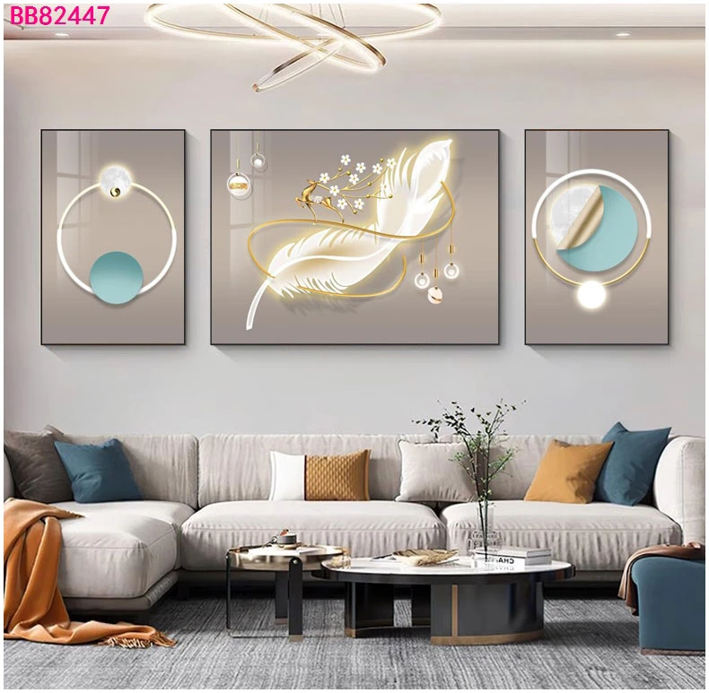 客厅装饰画新款温馨三联挂画沙发背景墙轻奢高档壁画现代简约羽毛