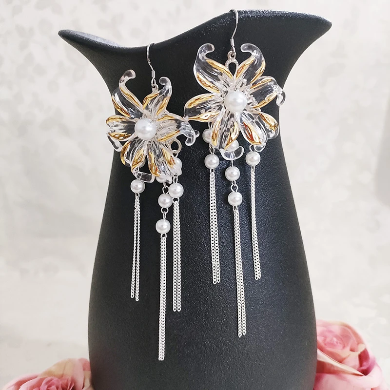 铜合金玻璃耳饰 民族风复古长款花卉流苏耳环2883