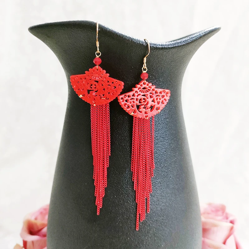 铜合金耳饰 民族风红色气质国风长流苏耳环534