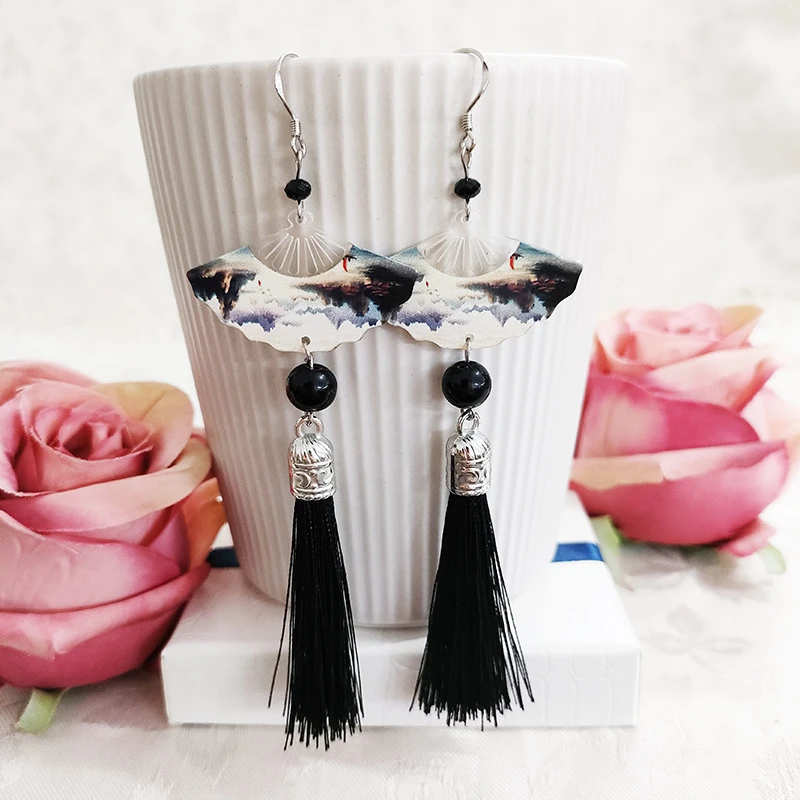 铜合金布艺耳饰 民族风纯手工气质古风扇形流苏耳环1809