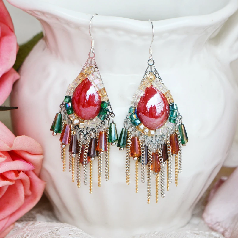铜合金玻璃耳饰 波西米亚风纯手工流苏耳环1737