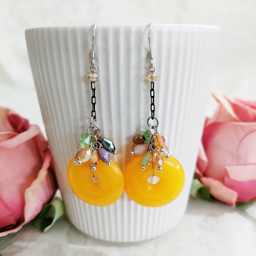 铜合金玻璃耳饰 民族风复古气质手工吊坠耳环1715