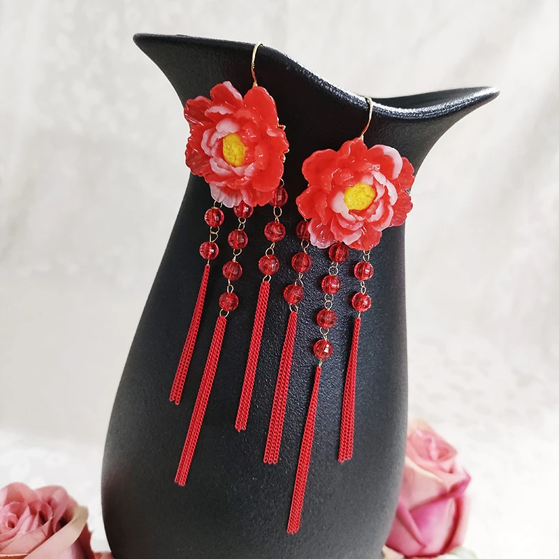 铜合金耳饰 民族风气质长款手工花朵流苏耳环2807