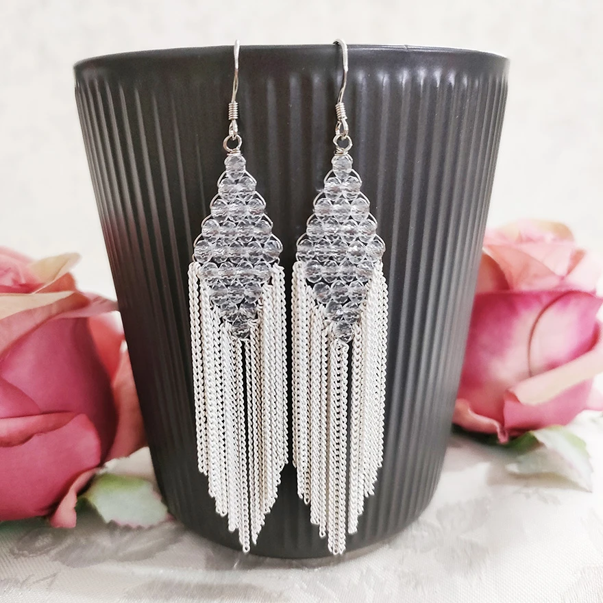 铜合金耳饰 民族风手工编织菱形珠珠流苏耳环1891