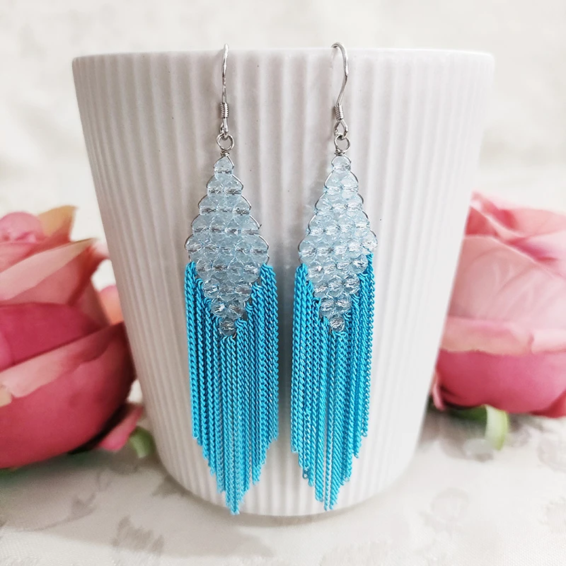 铜合金耳饰 民族风手工编织菱形珠珠流苏耳环970