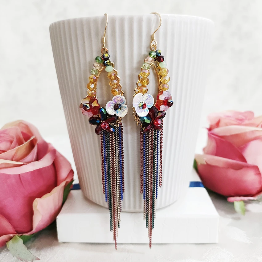 铜合金琉璃耳饰 民族风手工编织长款流苏耳环1140