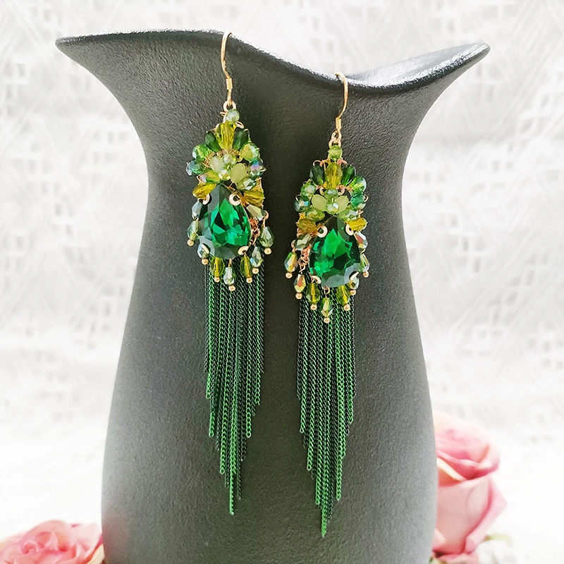 铜合金玻璃耳饰 民族风手工流苏耳环夸张饰品3229