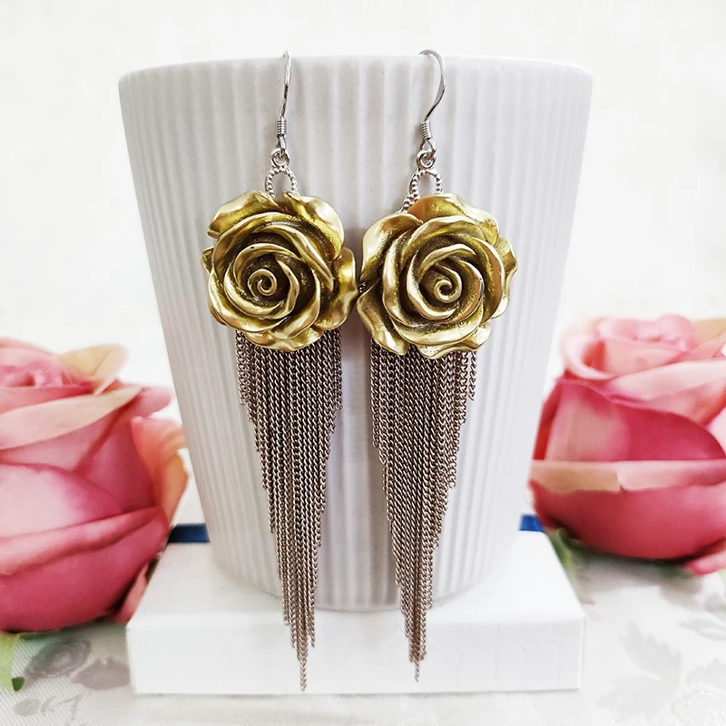 铜合金耳饰 民族风手工长款气质花瓣流苏耳环1159