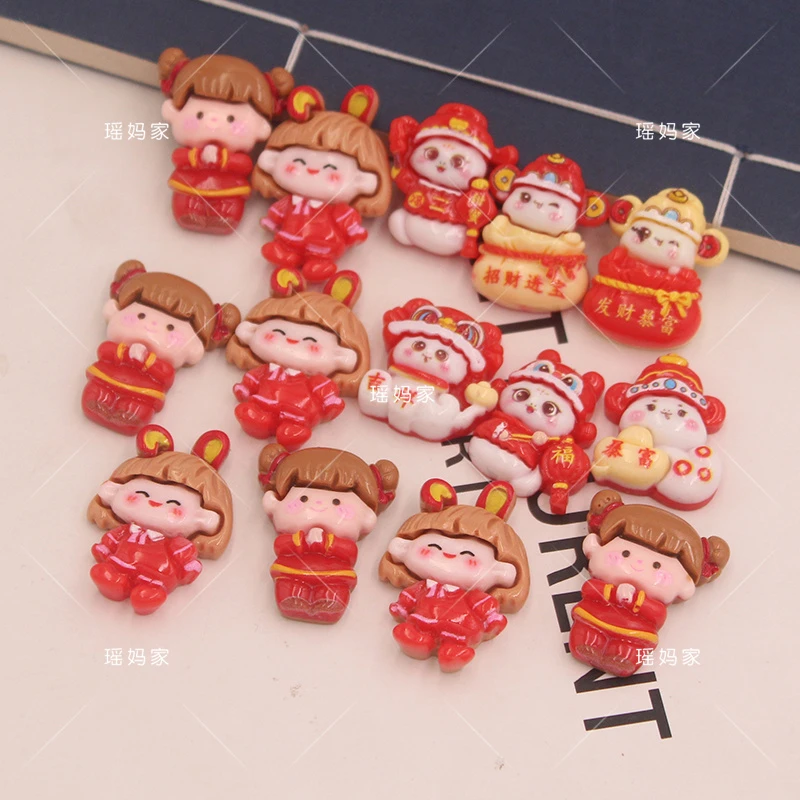 亮面拜年娃娃小蛇卡通树脂贴片手工diy对夹发夹配件