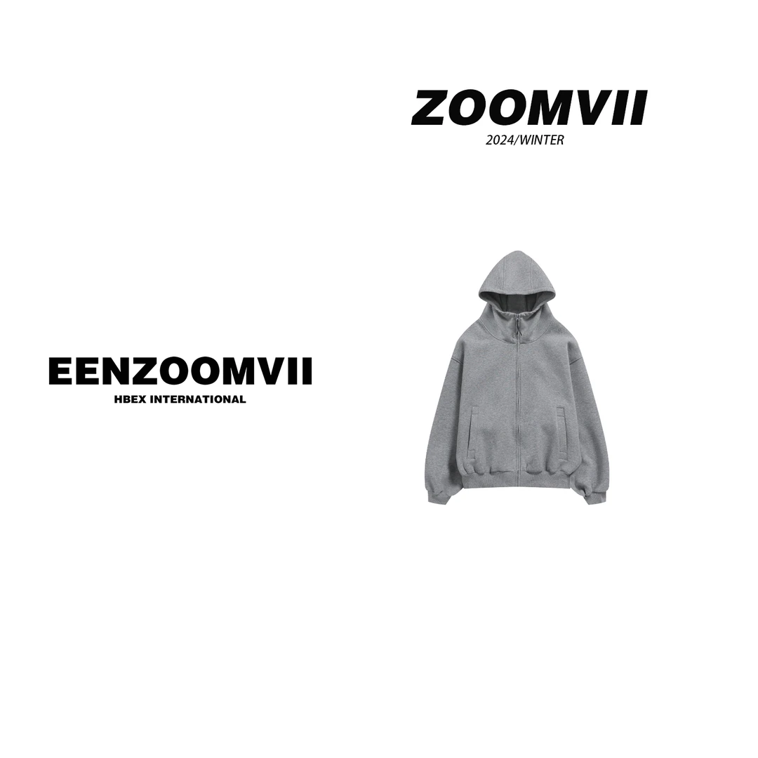 ZOOMVII冬季加绒慵懒宽松阔大板型加厚男女潮牌连帽拉链开衫卫衣