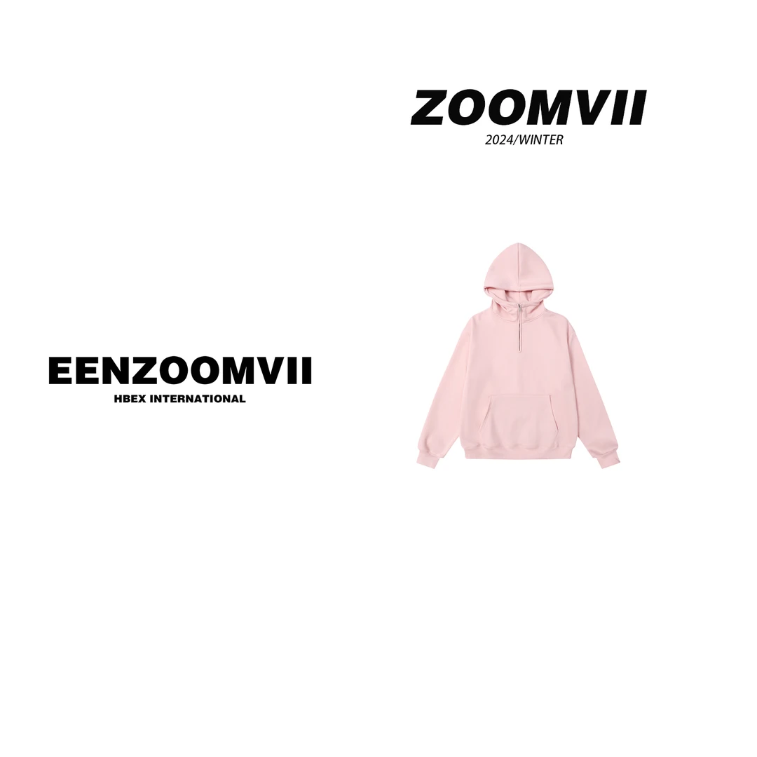 ZOOMVII冬季加绒加厚半开拉链领粉色系松弛男女潮牌大板连帽卫衣