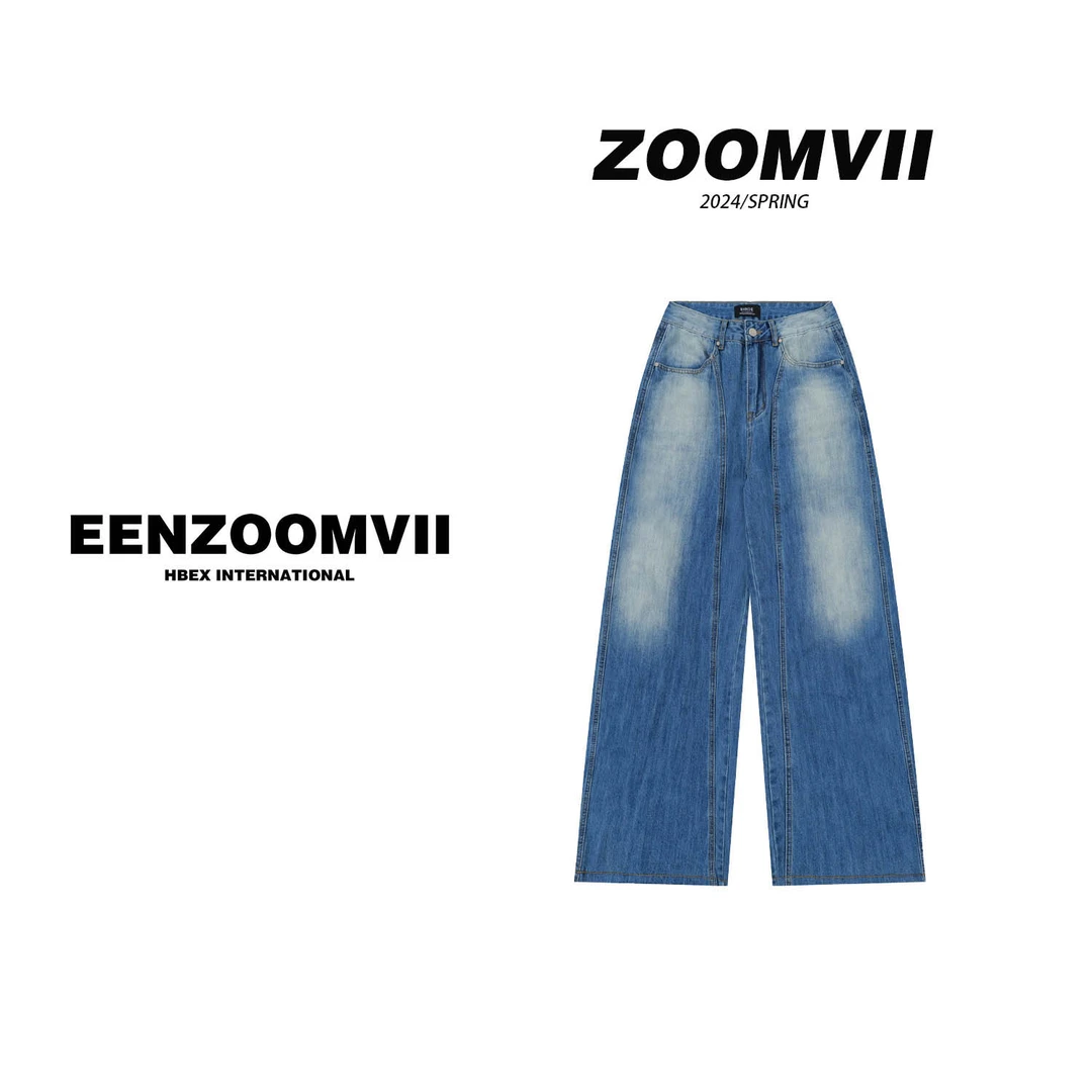 ZOOMVII秋季复古水洗闪电纹美式潮牌男女同款加长阔腿弯刀香蕉裤