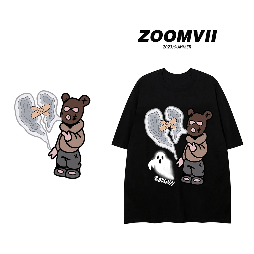 ZOOMVII夏季纯棉卡通小熊男女印花宽松设计师潮牌大板下衣失踪T恤