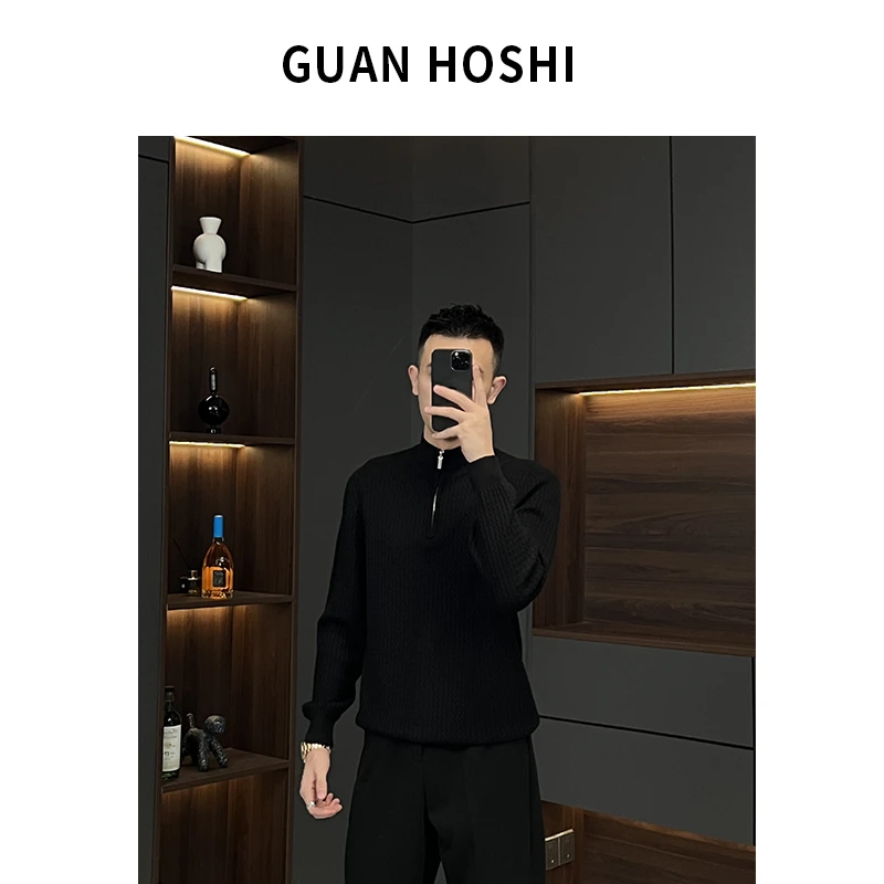 【冠什么希男装】秋冬季波浪纹拉链针织衫毛衣极简半开衫线衣男6688