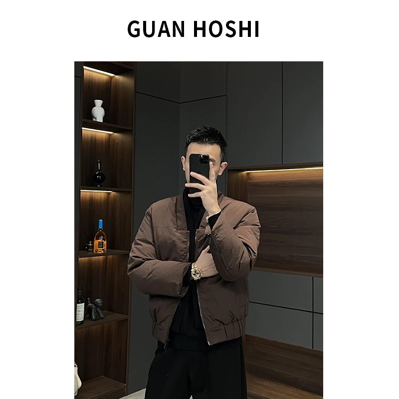 【冠什么希男装】秋冬厚款V领时尚夹棉夹克青年合身廓形外套男6821