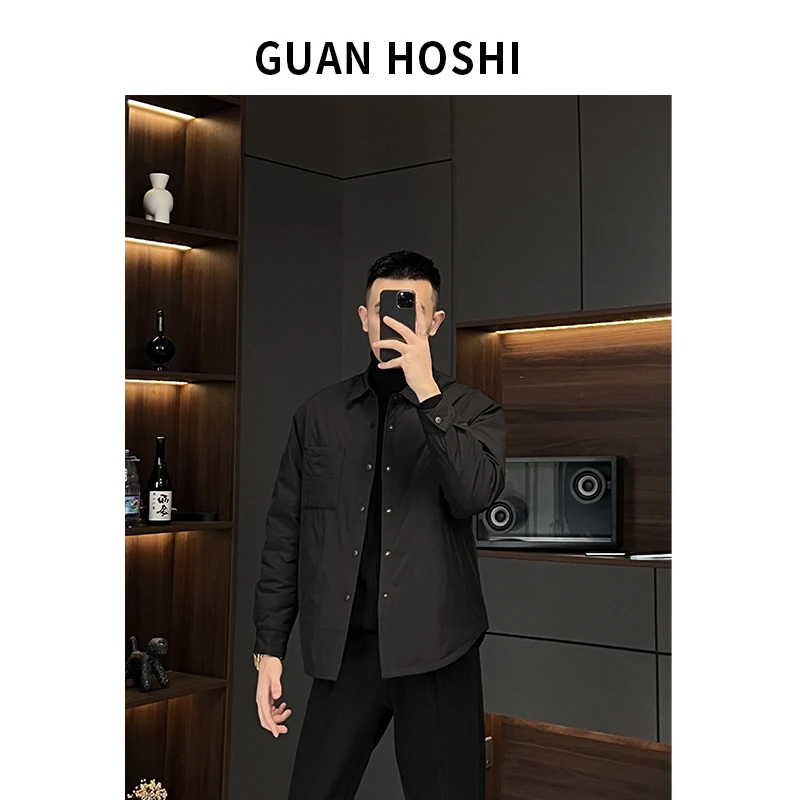 【冠什么希男装】秋冬季新款羽绒服翻领基础衬衫纯色保暖外套9958