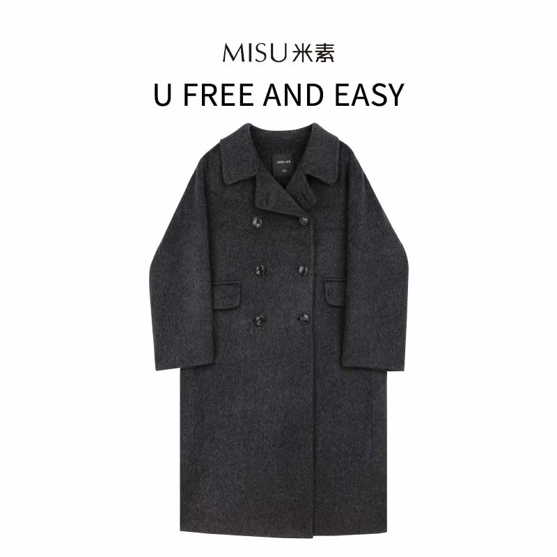 MISU米素经典双面呢秋冬时尚气质黑色毛呢翻领含羊毛大衣124D607