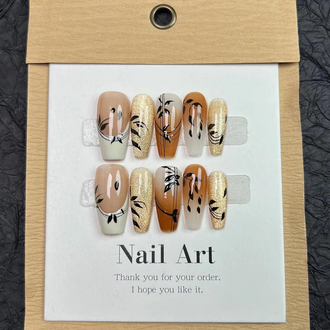 <A062竹影摇曳>手绘穿戴甲轻奢复古中国风美甲贴片