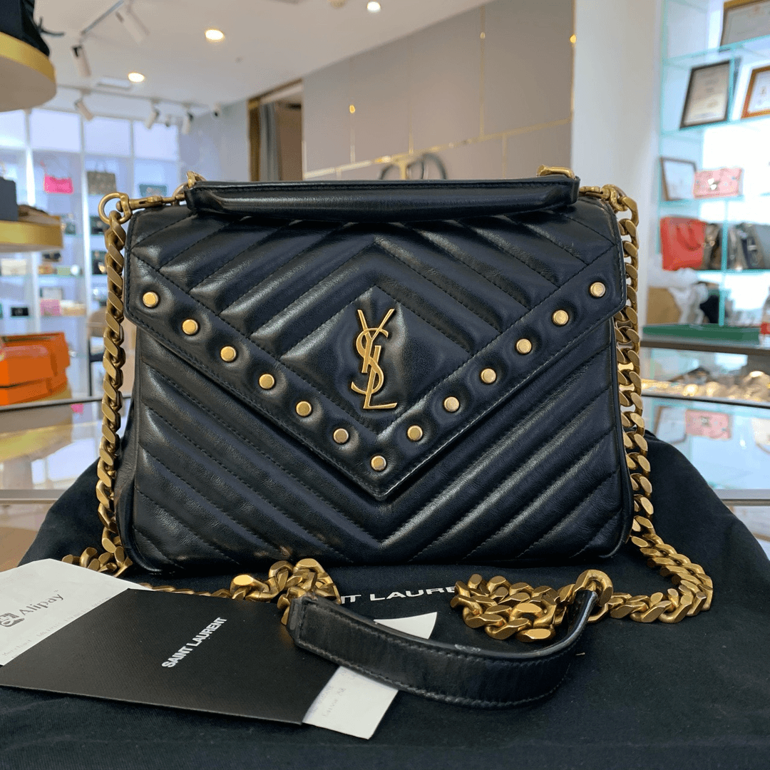 95新 YSL/圣罗兰 黑色V纹 邮差包信封包