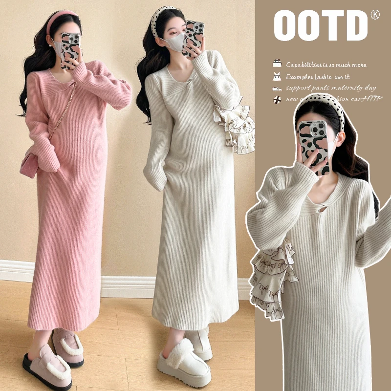 大码2024孕妇装新款温柔慵懒风设计感打底衫针织毛衣连衣裙加厚