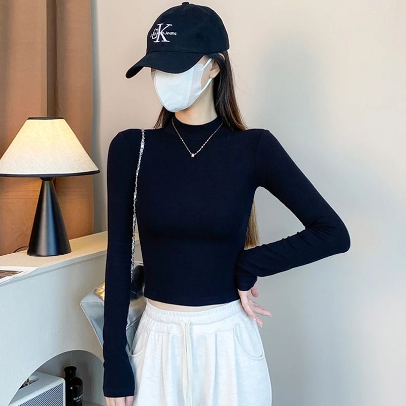 黑色长袖t恤女秋冬螺纹半高领双面绒打底衫短款保暖内搭修身上衣