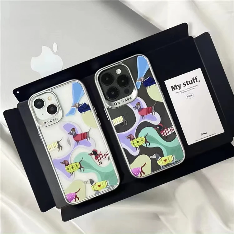 适用于苹果12-15Promax电镀边框镜框透明多巴胺7只腊肠狗手机壳15