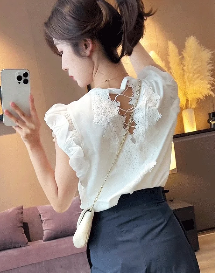 气质夏季百搭后背蕾丝镂空短袖t恤女夏季时尚洋气露背无袖上衣女