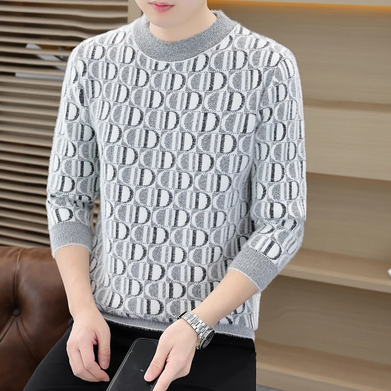 秋冬季时尚保暖毛衣针织打底衫毛衣男士内穿圆领加厚保暖毛线衣