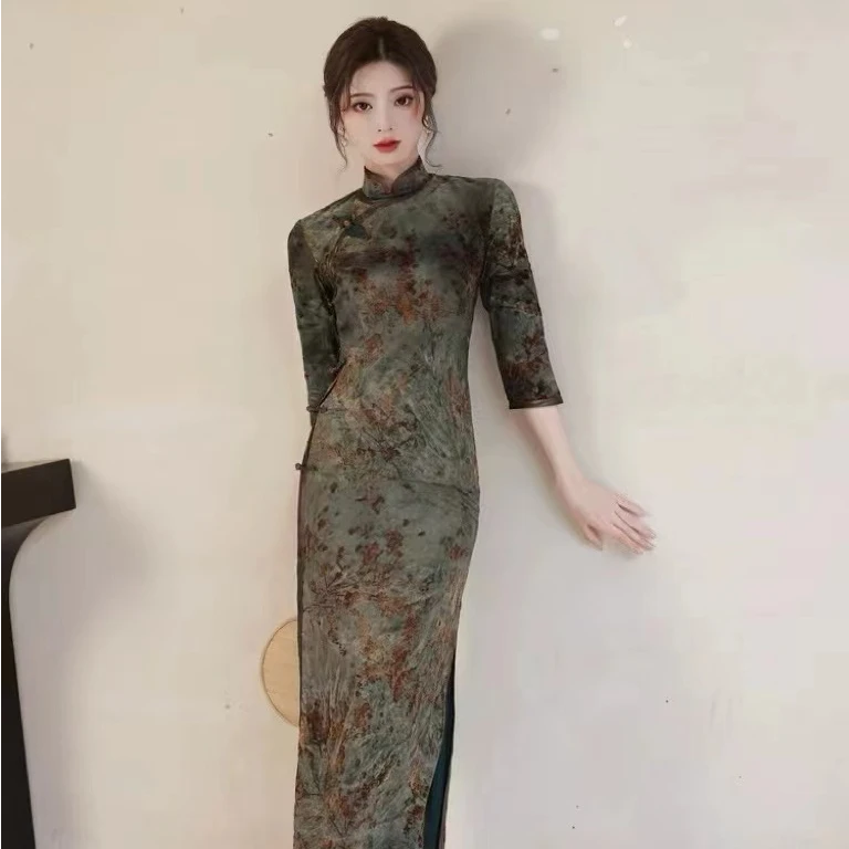 [韵秋季新款新中式老上海传统复古优雅扎染植绒气质改良款旗袍