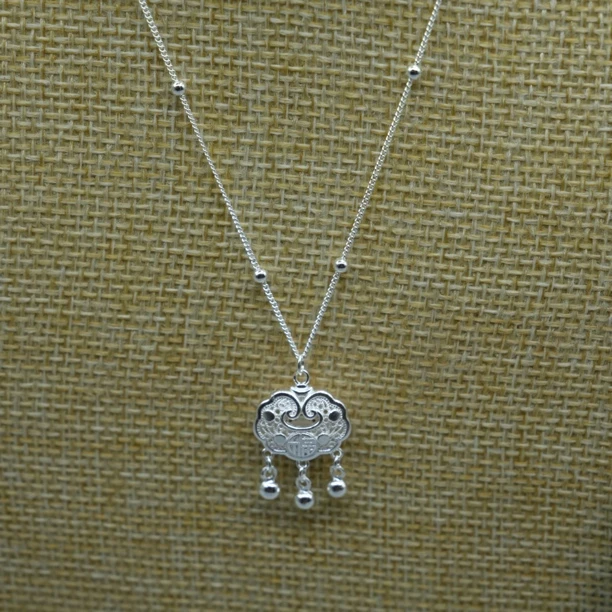 坠链均足银 足银串珠女士项平安如意锁项链光珠套链