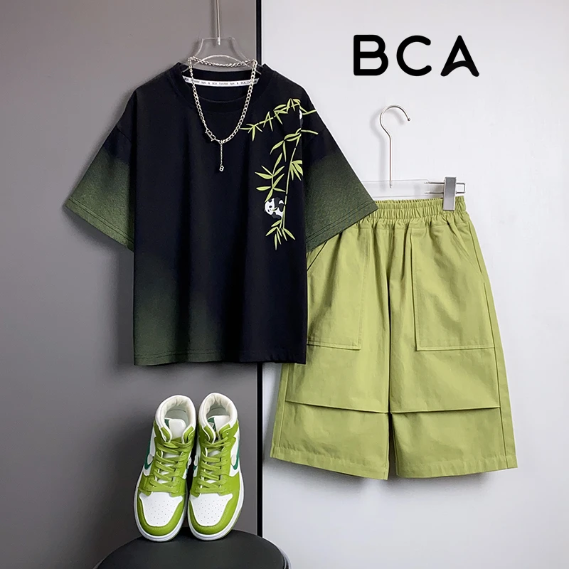 BCA男童夏季新款中大童男孩熊猫短袖短裤两件套DF-套装2314