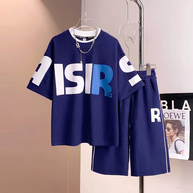 男童夏季中大童字母潮帅气宽松运动休闲短袖两件套装DF-套装0856