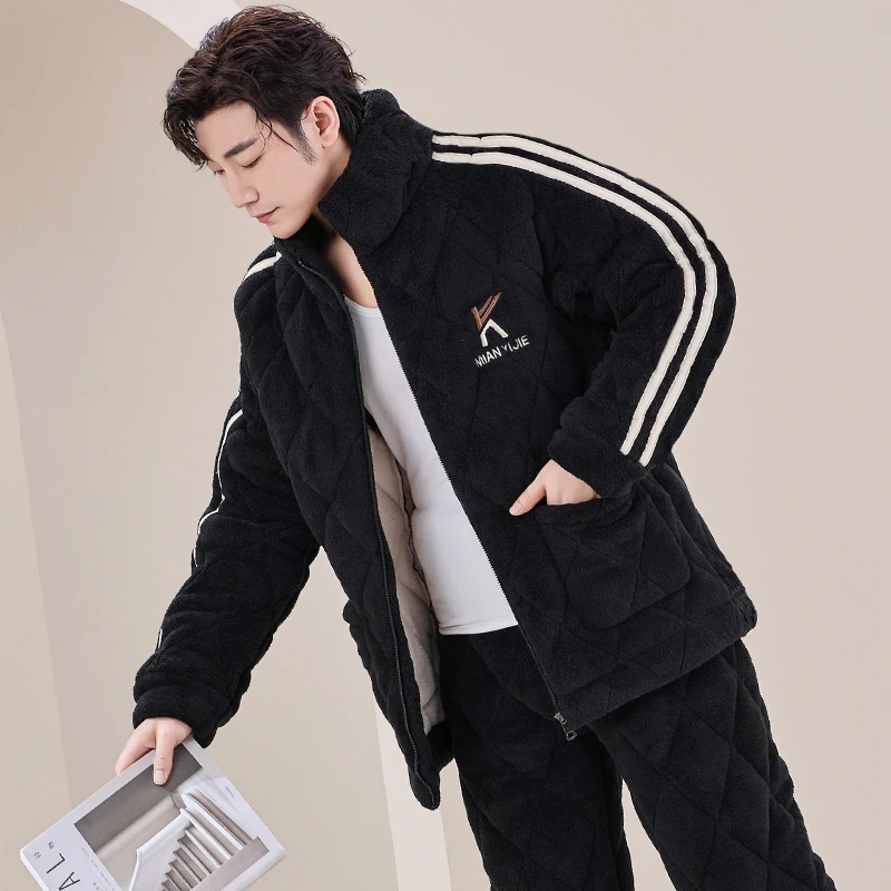 睡衣男士冬季加绒冬天保暖三层加厚款夹棉袄法兰珊瑚绒家居服套装