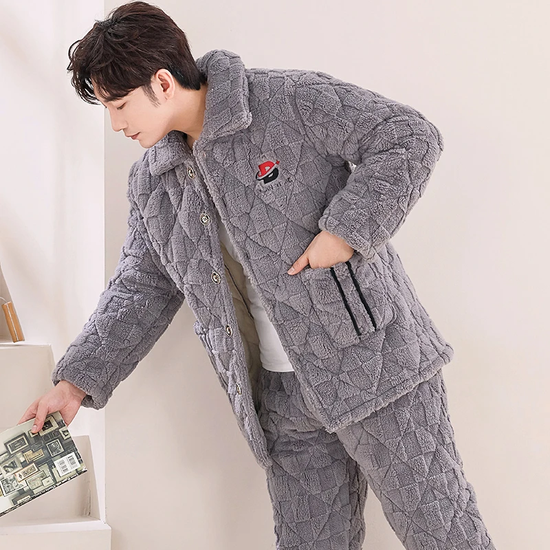 三层夹棉加绒加厚睡衣男士秋冬季珊瑚绒保暖大码法兰绒冬款家居服