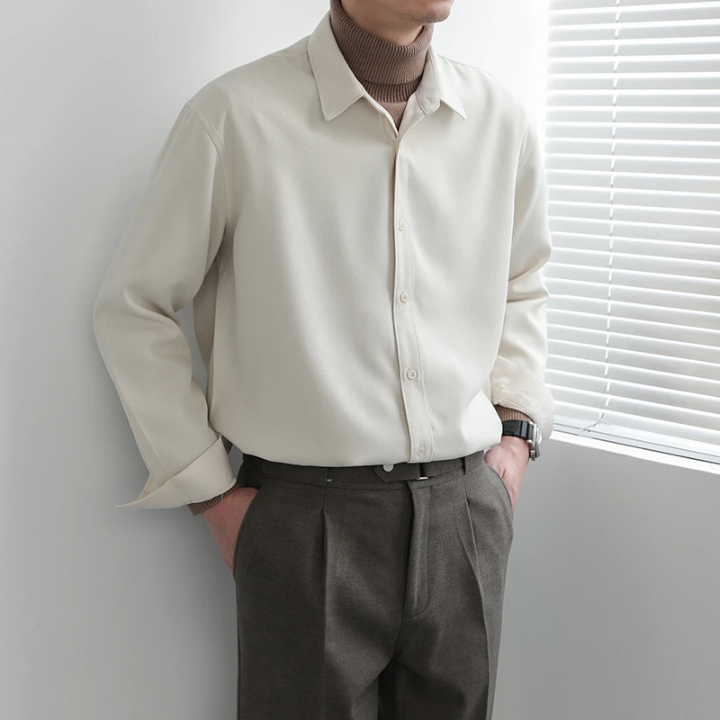卓卓秋冬韩版宽松纯色长袖衬衫男内搭上衣潮流INS高级感休闲衬衣