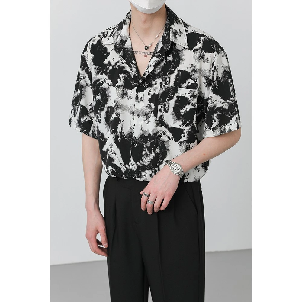 卓卓夏季上衣韩国宽松高级垂感短袖衬衫男装潮流痞帅水墨免烫衬衣